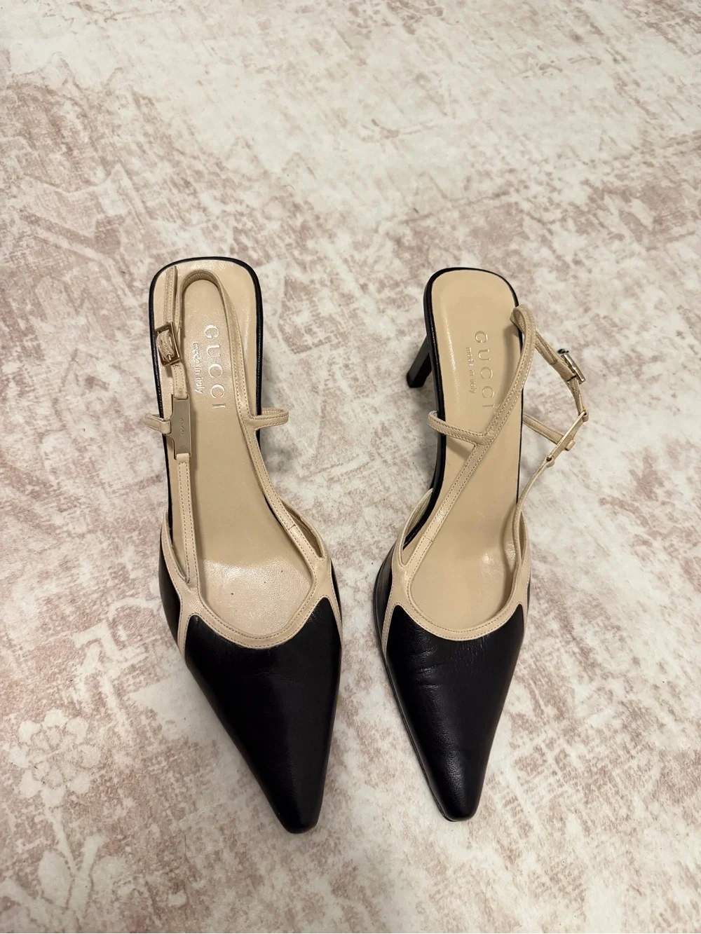 Gucci Black and Beige Pointed Toe Slingback Pumps